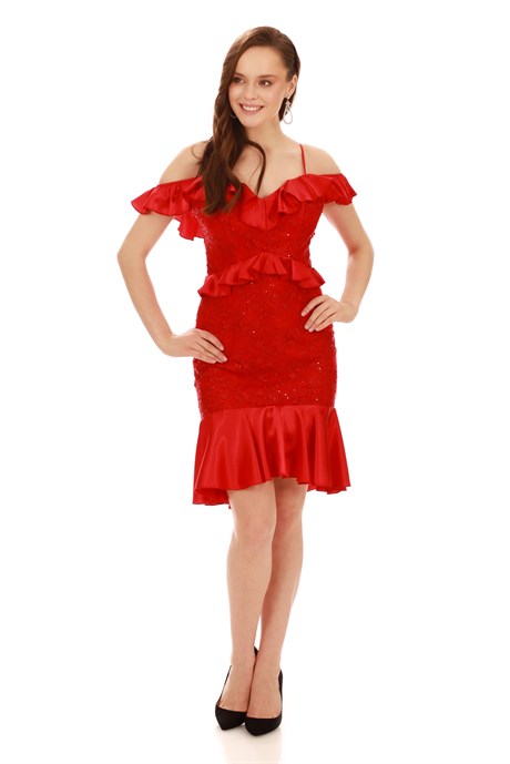 6ixty8ight Kırmızı Dantel Bel Yaka Fırfırlı Kısa Abiye Elbise