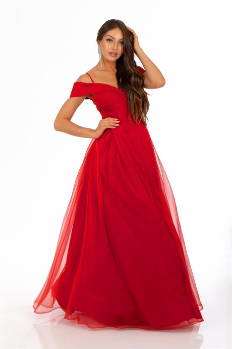 Carmen Kırmızı Organze Yırtmaçlı Uzun Abiye Elbise