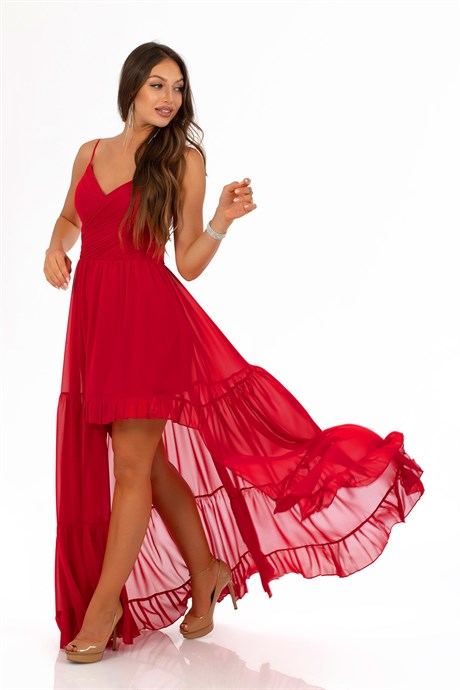 Carmen Kırmızı Şifon Pliseli Askılı Uzun Abiye Elbise
