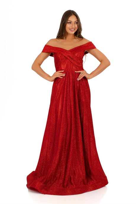 Carmen Kırmızı Simli Carmen Yaka Prenses Abiye Elbise