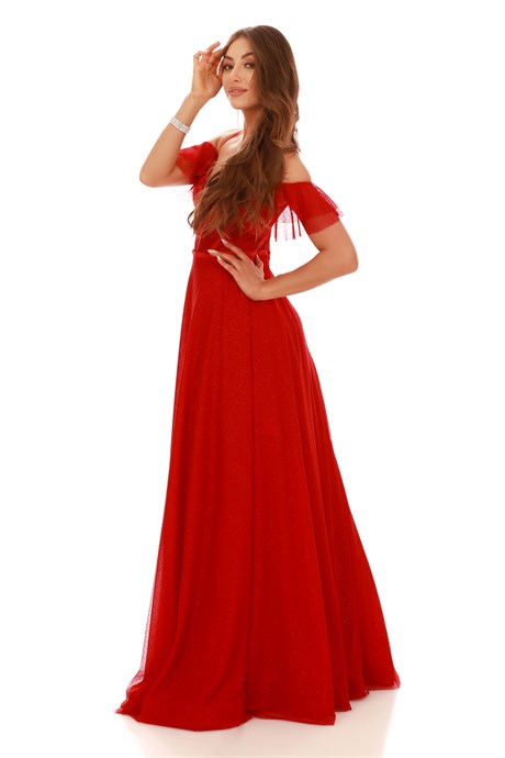 Pierre Cardin Kırmızı Düşük Kol Şifon Uzun Abiye Elbise