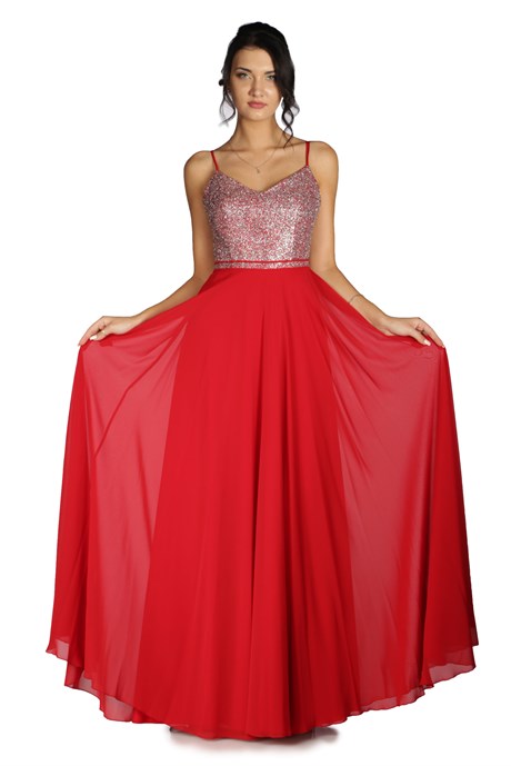 Pierre Cardin Kırmızı Üstü Simli Altı Şifon Uzun Abiye Elbise