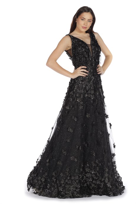 Pierre Cardin Siyah Çiçekli Tül Uzun Abiye Elbise