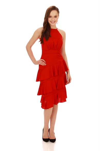 Carmen Kırmızı  Saten Eteği Volanlı Kısa Abiye Elbise