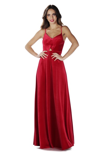 Carmen Kırmızı Askılı Kadife Uzun Abiye Elbise