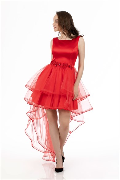 Carmen Kırmızı Güpür İşlemeli Tül Abiye Elbise