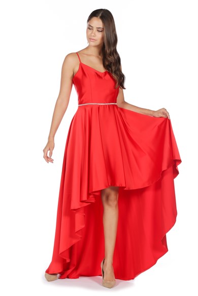 Carmen Kırmızı İp Askılı Saten Kısa Abiye Elbise