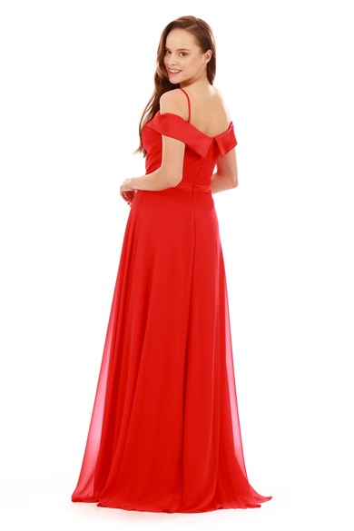 6ixty8ight Kırmızı Prenses Yaka Uzun Abiye Elbise
