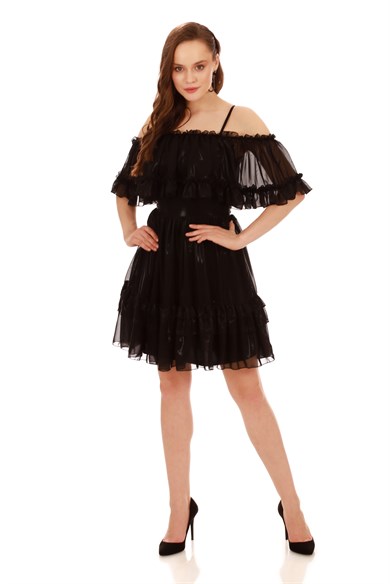 Carmen Siyah Büzgülü Laklı Şifon Abiye Elbise