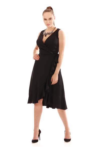 Carmen Siyah Eteği Fırfırlı Saten Abiye Elbise