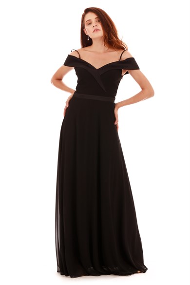 Carmen Siyah Prenses Yaka Uzun Abiye Elbise