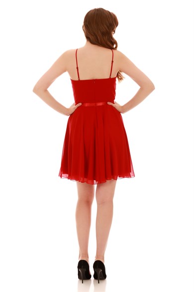 Carmen Kırmızı Beli Saten Askılı Kısa Abiye Elbise