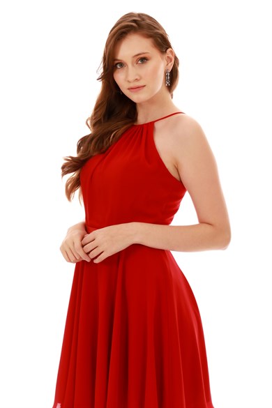 Carmen Kırmızı Beli Saten Askılı Kısa Abiye Elbise