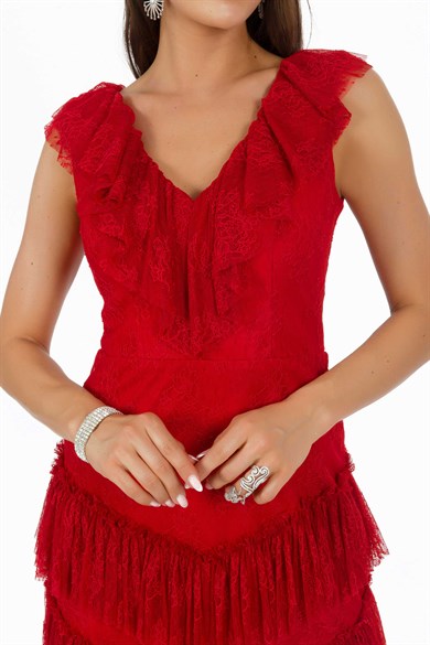 Carmen Kırmızı Fırfırlı Yaka Kısa Abiye Elbise