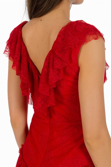 Carmen Kırmızı Fırfırlı Yaka Kısa Abiye Elbise