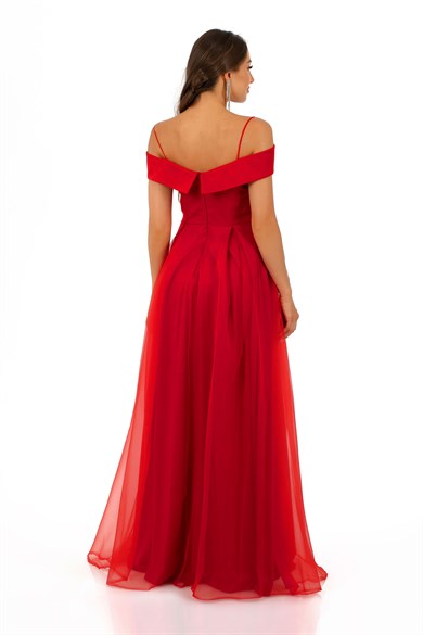 Carmen Kırmızı Organze Yırtmaçlı Uzun Abiye Elbise