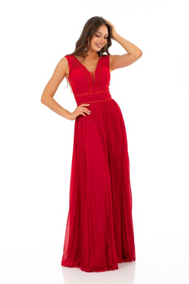 Carmen Kırmızı Şerit Dantel Piliseli Uzun Abiye Elbise