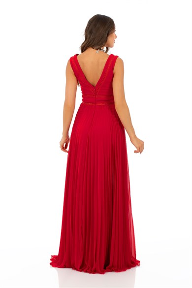 Carmen Kırmızı Şerit Dantel Piliseli Uzun Abiye Elbise