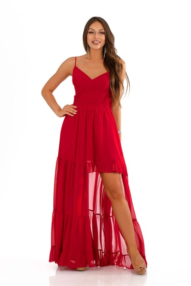 Carmen Kırmızı Şifon Pliseli Askılı Uzun Abiye Elbise