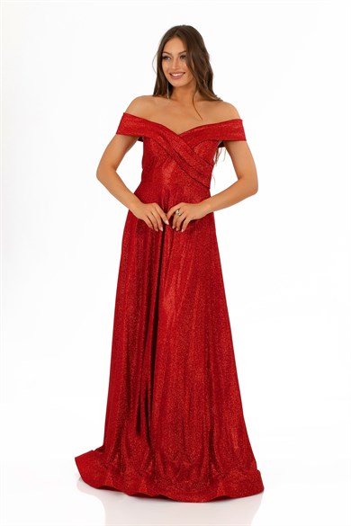 Carmen Kırmızı Simli Carmen Yaka Prenses Abiye Elbise