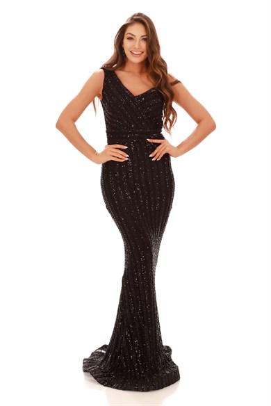 Carmen Siyah Çizgili Payetli Uzun Balık Abiye Elbise