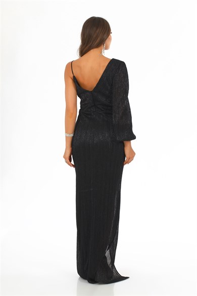 Carmen Siyah Tek Kollu Askılı Uzun Abiye Elbise