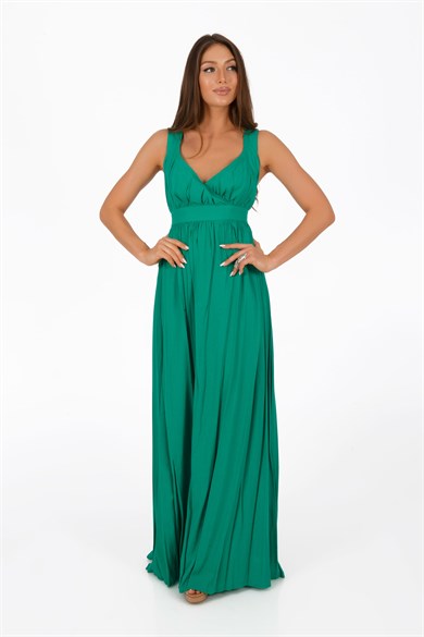 Carmen Yeşil Çapraz Askılı Uzun Elbise