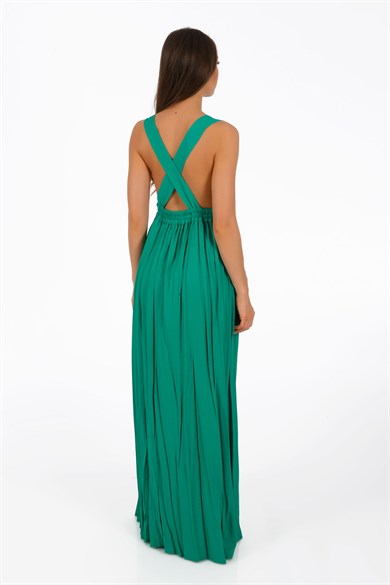 Carmen Yeşil Çapraz Askılı Uzun Elbise
