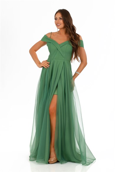 Carmen Yeşil Organze Yırtmaçlı Uzun Abiye Elbise