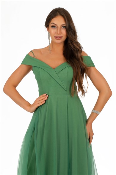 Carmen Yeşil Organze Yırtmaçlı Uzun Abiye Elbise