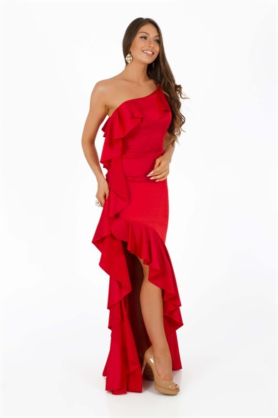 Carmen Kırmızı Saten Yandan Volanlı Uzun Abiye Elbise