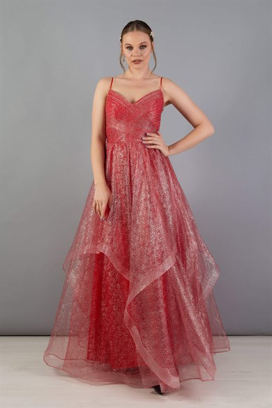 Carmen Kırmızı Tül Prenses Nişanlık Abiye Elbise