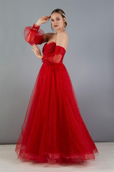 Carmen Kırmızı Tüllü Düşük Kol Nişanlık Abiye Elbise