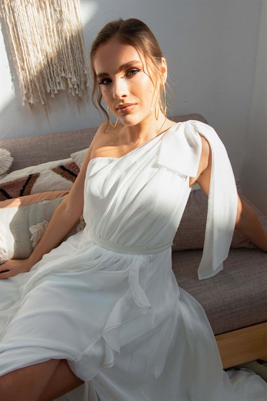 Carmen Ekru Şifon Tek Omuzlu Uzun Abiye Nikah Elbisesi