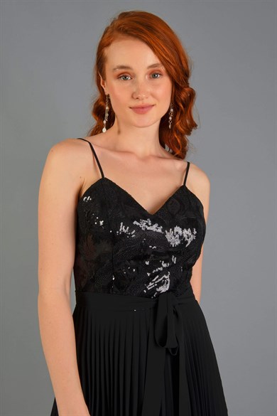 57057-27CARMENCarmen Siyah Payet İşlemeli Kurdelalı Kısa Mezuniyet Elbisesi