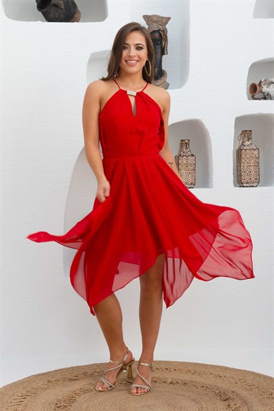 Carmen Kırmızı Krep Asimetrik Etek Nikah Elbisesi