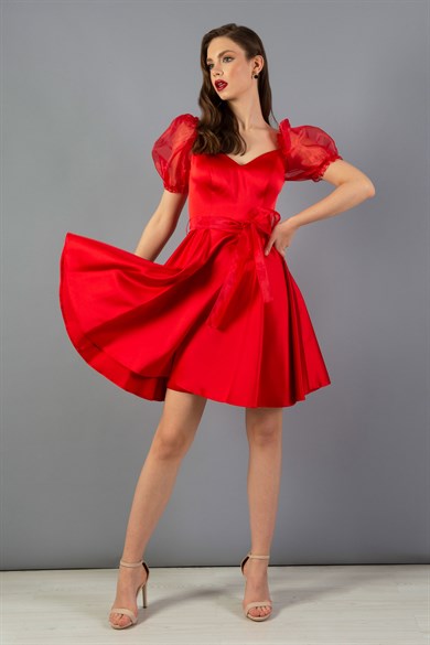 Carmen Kırmızı Organze Karpuz Kol Kısa Abiye Elbise