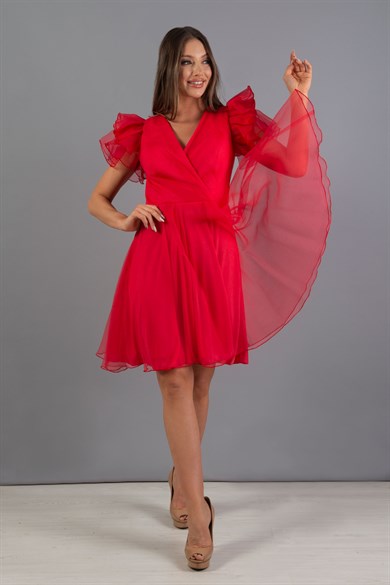 Carmen Kırmızı Organze Kruvaze Kısa Abiye Elbise