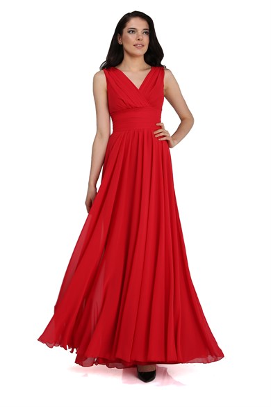 PC54506-13CARMENCarmen Kırmızı Şifon V Yaka Uzun Abiye Elbise