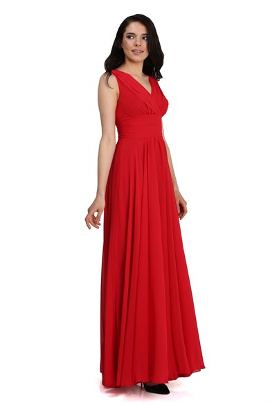 PC54506-13CARMENCarmen Kırmızı Şifon V Yaka Uzun Abiye Elbise