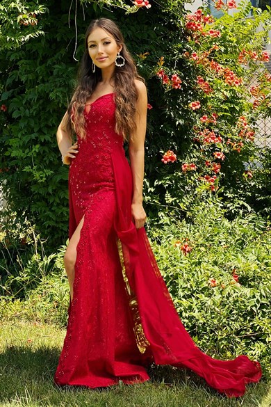 PC55591-13CARMENCarmen Kırmızı Dantelli Etekli Balık Abiye Elbise