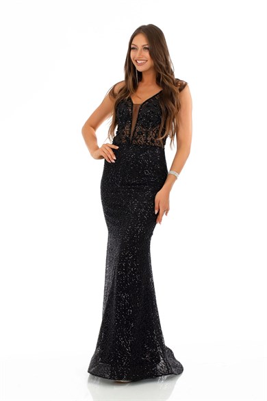 PC55612-27CARMENCarmen Siyah Payetli Kesme Taş İşlemeli Balık Abiye Elbise