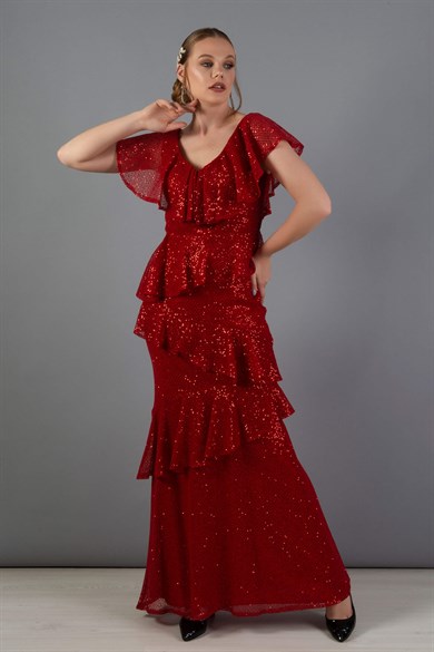PC55635-13CARMENCarmen Kırmızı Helezon Etekli Uzun Abiye Elbise