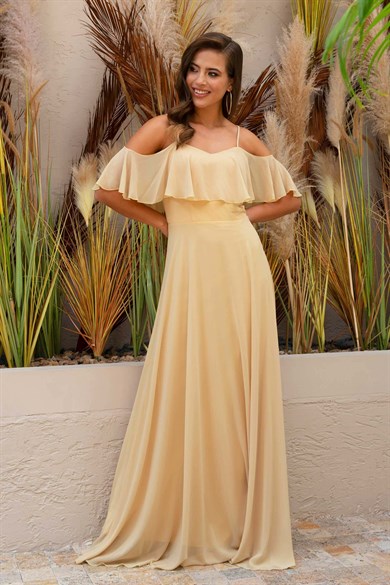 Carmen Sarı Düşük Kollu Askılı Uzun Abiye Elbise