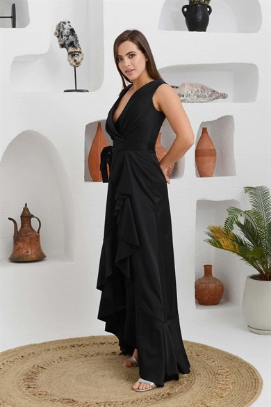 S56893-27CARMENCarmen Siyah Saten Yırtmaçlı Uzun Abiye Elbise