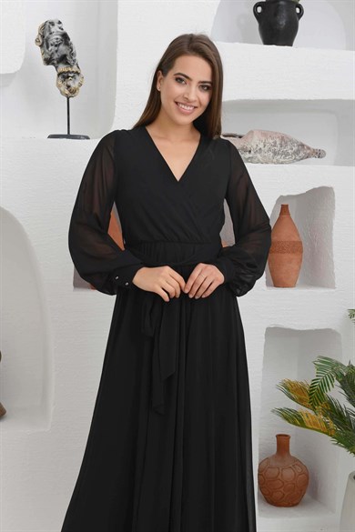 Carmen Siyah Şifon Kruvaze Uzun Abiye Elbise