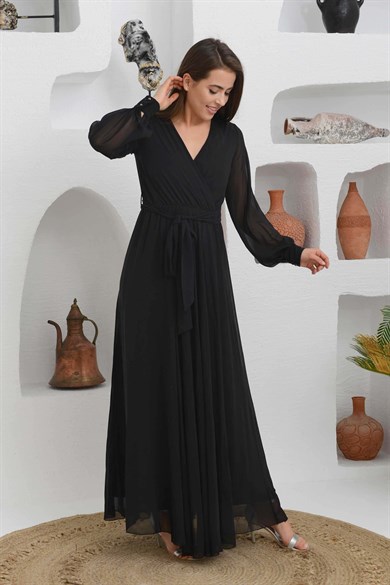 S56949-27CARMENCarmen Siyah Şifon Kruvaze Uzun Abiye Elbise