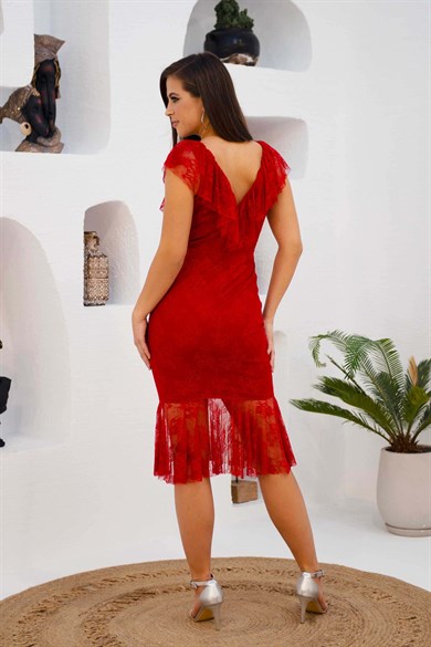 S57116-13CARMENCarmen Kırmızı Dantel Önü Fırfırlı Abiye Elbise