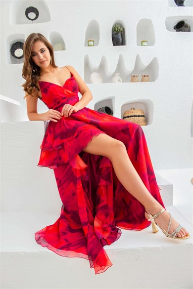 Eva Fashion Fuşya Şifon Askılı Uzun Abiye Elbise