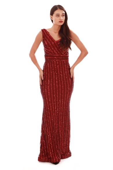 Carmen Bordo Payetli Çizgili Uzun Balık Abiye Elbise